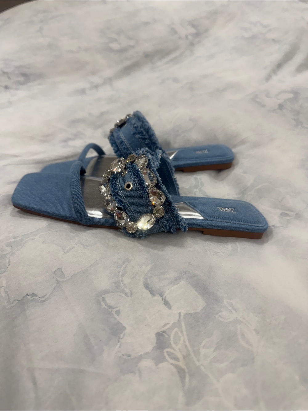 Zara Jeweled Denim Slide Sandals - Women - Picture 5 of 6